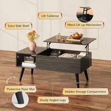 Rustic Style Furniture Table 39" Lift Top Coffee Table With Storage Shelf Hidden Compartment Living Room Center Table Small Dining Table Space-Saving Organizer - Black Oak - 查看 3