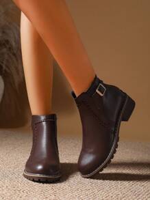 女士秋冬皮革前拉链时尚皮带扣粗跟圆头靴，透气面料衬里，适合日常、派对、旅行，英伦风格靴子，女靴