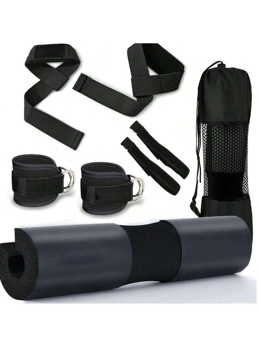 8-Pieces Barbell Mat Set, Barbell Shock Pad, Barbell Squat Mat Set, Strength Training Set, Includes Ankle Straps And Wrist Straps, Foam Barbell Mat Set, Nylon Pad For Non-Slip, Suitable For Squats, Lunges, And Hip Thrusts - Standard Weight Barbell Mats - Fitness Training Accessories For Men And Women - 黑色 - 查看 1
