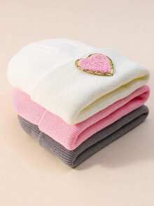 3pcs/1pc Baby Heart Pattern Knitted Hat, Warm Winter Baby Hat, Suitable For Toddler Girls, Autumn/Winter Daily Wear And Gift - Applique - View 2