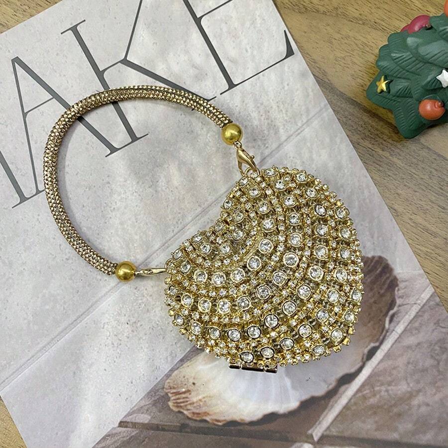 Luxury Mini Diamond Inlay Heart Shape Crystal Clutch Purse Stones Evening Wedding Party Shoulder Bags Handle Rhinestone Handbags ,Wedding - Gold - View 1