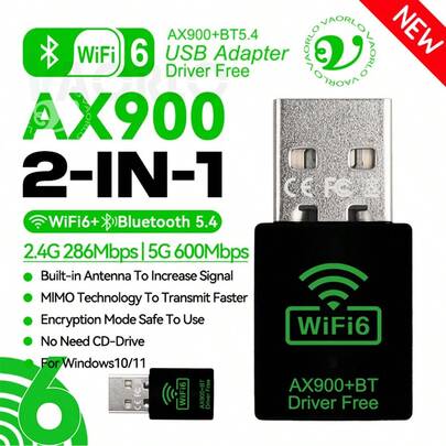 KZ NEW 2 IN 1 Mini USB Bluetooth 5.4 Adapter WiFi6 AX900Mbps Dongle Network Card Dual Band 2.4G/5GHz Driver Free PC 600M High-Speed Wireless Receiver For PC Laptop