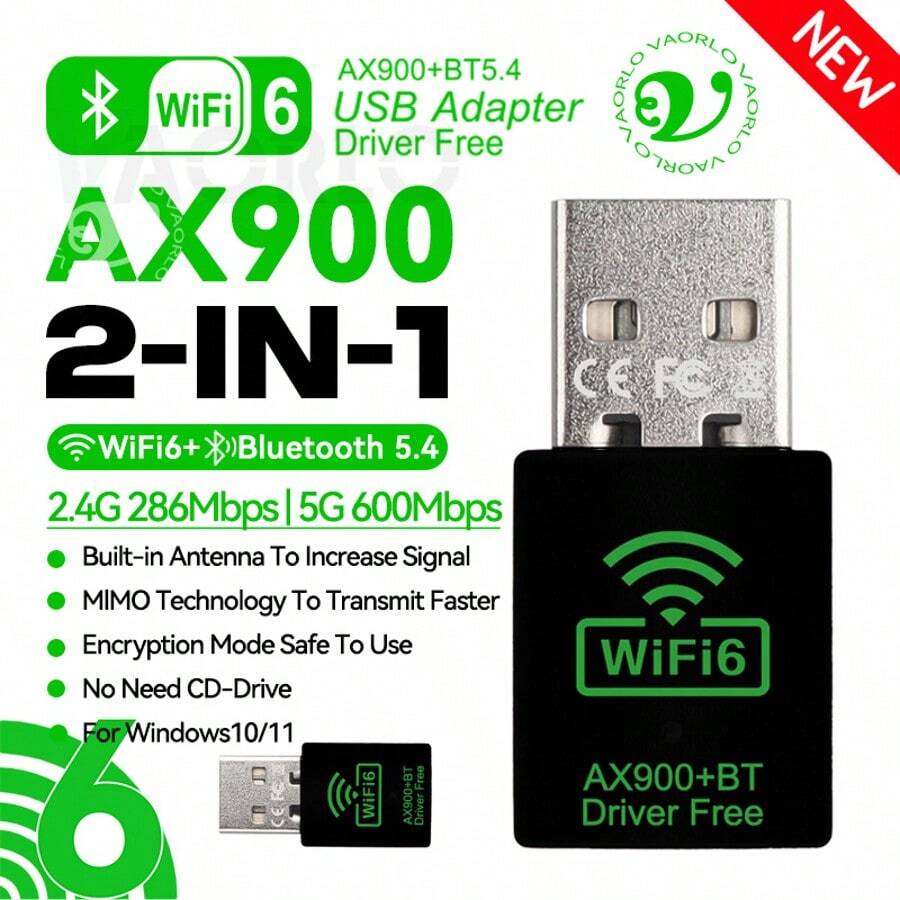 KZ NOWY 2 w 1 Mini USB Bluetooth 5.4 Adapter WiFi6 AX900Mbps Dongle Karta sieciowa Dwuzakresowy 2.4G/5GHz Sterownik Bezpłatny PC 600M Szybki odbiornik bezprzewodowy do laptopa PC