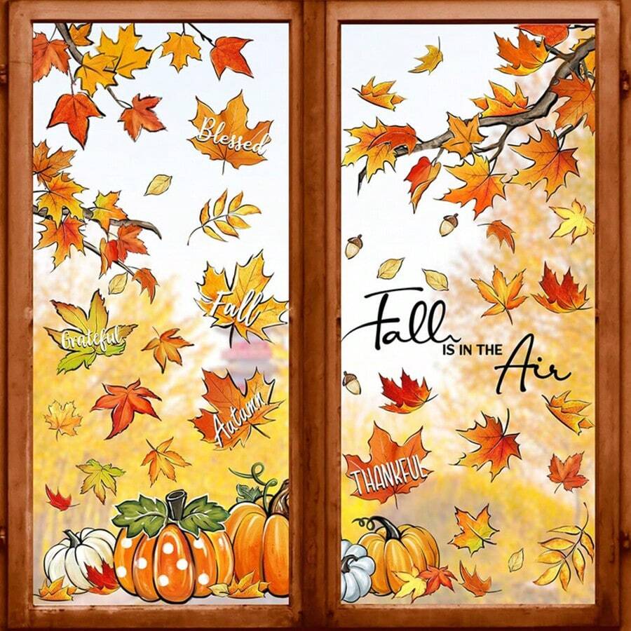 42 pegatinas de ventana de otoño, pegatinas de hojas de pepino para ventanas, pegatinas de vidrio de doble cara, para decoración de fiestas familiares de cosecha de otoño, Acción de Gracias, exhibición de tiendas y decoración de ventanas navideñas