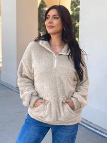 EMERY ROSE 半拉链口袋落肩泰迪熊运动衫，长袖上衣 - 杏色 - 查看 1