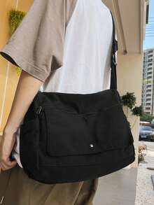 1 件黑色复古简约百搭翻盖单肩包，厚水洗帆布休闲大容量斜挎包，美式学院风挎包，适合学校、短途旅行、简约街头布包 - 黑色 - 查看 2
