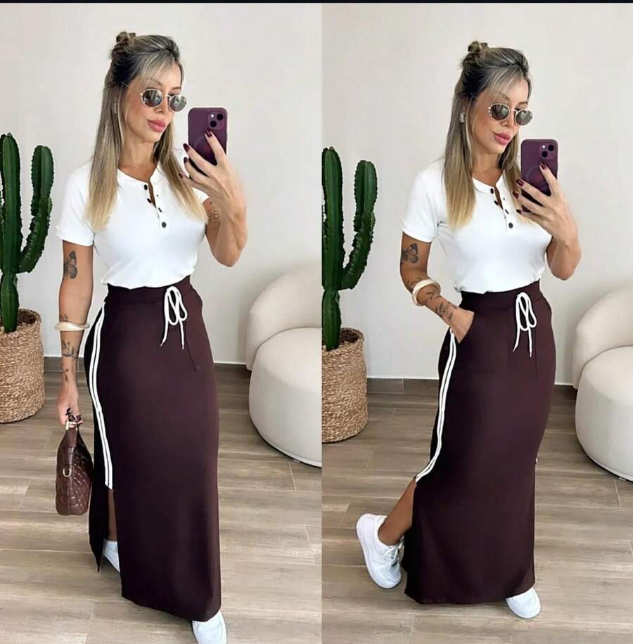 Women's Fleece Set With Long Skirt And Button-Down Top – Style, Comfort And Versatility For Everyday Life - 鏽棕色 - 查看 1