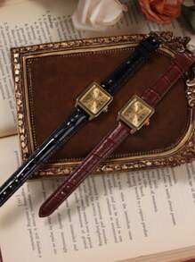 1/2pcs Vintage Elegant Women Quartz Watch Set, Square Dial Fashion Leather Band Watch, Suitable For Daily Wear, Formal Events And Holiday Decoration