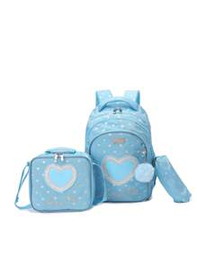 17-Inch Kids Backpack Set With Lunch Bag And Pencil Case, Lightweight School Bag Suitable For Teenagers, Girls And Boys, Heart-Shaped Glitter Large Capacity 3-In-1 Backpack, Insulated Lunch Bag, Pencil Case, Padded Shoulder Straps To Reduce Shoulder Pressure, Casual Backpack For Daily Use Or Travel