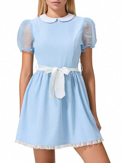 Women Summer Mini Sweet Dress Short Sheer Mesh Sleeve Doll Collar Dress With Belt, S/M/L/XL