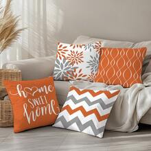 4 件套简约日常橙色几何“甜蜜之家”抱枕套，单面柔软桃色天鹅绒材质，45*45/50*50/40*40 厘米靠垫套适用于室内装饰、派对、礼物 - 橘色 - 查看 5
