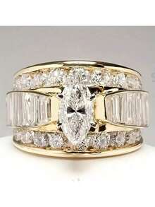 1 件女士 14K 镀金时尚优雅方晶锆石镶嵌宽版订婚戒指，奢华珠宝礼物，适合婚礼、周年纪念