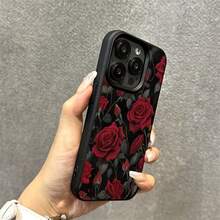 1 pieza Funda de teléfono con patrón de rosa roja elegante de material TPU compatible con iPhone/teléfonos - Negro - Ver 4