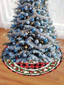 1 fustă de brad de Crăciun, cu diametrul de 60/90 cm, model în carouri roșu și negru cu ornament de fulgi de zăpadă și perle, decorațiune pentru brad de Crăciun, Crăciun fericit