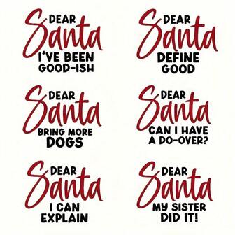 6 件装圣诞老人家庭风格热转印贴纸 - 幽默短语、红色和黑色草书字体、耐热贴花，适用于 DIY T 恤、牛仔裤、连帽衫、包包、枕头、节日装饰、节日服装定制、节日主题设计，易于粘贴