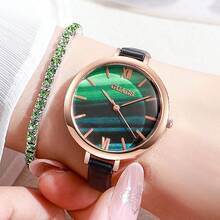 2pcs Fashionable, Simple And Versatile Women's Quartz Watch, Round Dial, Casual And Versatile, Paired With Diamond Studded Heart-Shaped Jewelry Bracelet Set, Suitable For Holidays And Daily Wear