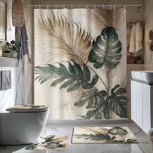 1/4 Stücke Gold & Grün Tropisches Blatt Thema Badezimmer Set, beinhaltet Duschvorhang, Badematte, U-förmige Toilettenmatte, Toilettendeckel-Abdeckung, wasserdichter Duschvorhang, modischer Vorhang für Badezimmerdekoration, moderner Stil Badezimmer Raumteiler Vorhang, ohne Bohren erforderlich, aus Polyester, maschinenwaschbar