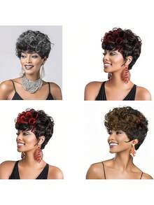 Black Short Pixie Cut Wigs For Black Women Short Wigs For Black Women Pixie Cut Curly Wig With Bangs Black Women Wigs - 黑色酒紅色 - 查看 7