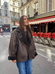 Chaqueta de invierno 2025 con forro de piel para mujer - Estilo callejero con solapa suelta con bolsillos y manga larga