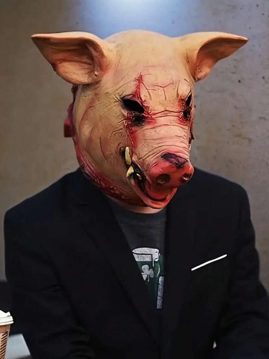 1pc Horror Pig Cosplay Prop With Hair, Pig Head Mask For Makeup, Masquerade Party, Holiday Decoration, Latex Rotten Pig Face Mask Halloween