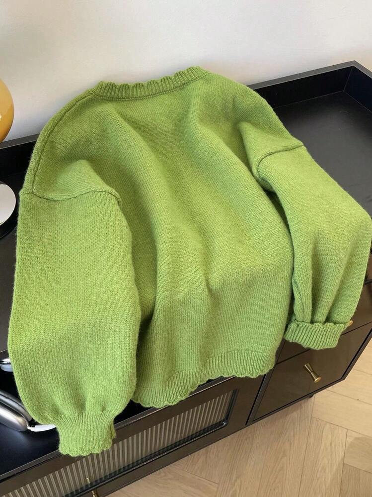 Cardigan de Tricô Feminino, Bordado Floral Elegante, Uso Diário, Outono/Inverno - Verde - Visão 2