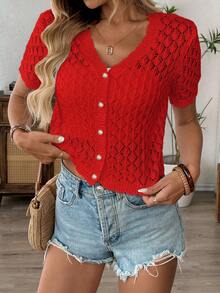Women's Casual V-Neck Short Sleeve Knit Top, Loose Hollow-Out Design, Spring/Summer Beach Vacation Outfit, Minimalist Retro Style, Random Pattern, Suitable For Back To School Season And Autumn - Red - View 5
