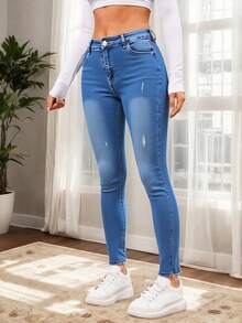 pantalones de mujer pantalones de dama mezclilla De Tiro Alto Ajustados curvy Levanta Glúteos  Estilo de botón único Estilo sin agujero - Azul Marino - Ver 2