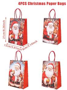 4pcs Christmas Kraft Paper Gift Packing Bags Handbags, Christmas Santa Claus Print Red Hand Bags, Christmas Tote Bags With Handles, 2025 Christmas Decoration For Home, Christmas Treat Bags, Multifunctional Christmas Party Gift Wrapping Bags, Xmas Party Favors Bags, Christmas Gift Wrapping Supplies, 2026 New Year Gift Packing Bags
