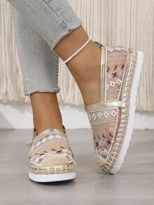 Chaussures de pêcheur à plateforme en paille à maille brodée, importées pour le printemps/automne. Coupe décontractée pour les vacances et le port quotidien. Un design texturé unique crée une ambiance romantique - Doré - Voir 5