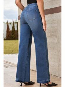 EVALESS Womens Jeans High Waist Straight Leg Wide Leg Frayed Baggy Hem Boyfriends Stretchy Pants