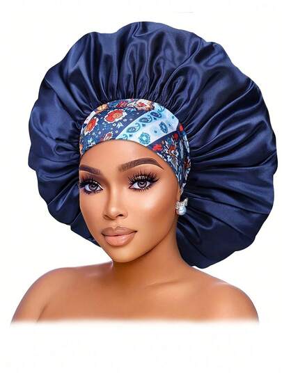 1 件女士宽边不定位松紧带印花睡帽，适合卷发和直发