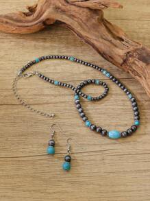 Retro Turquoise Necklace Vintage Western Country Earrings Set Female Ancient Silver Color Beaded Jewelry Set