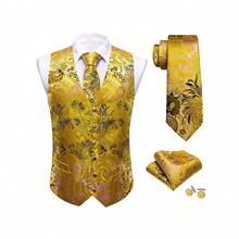 Mens Waistcoat Yellow Vest & Gold Tie Pin & Tie Hankie Cufflinks Set Tuxedo Gilet Wedding Formal Casual Office - 黃色 - 查看 2