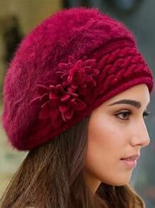 花卉装饰条纹宽松针织帽，纯色针织帽，弹力针织帽，保暖贝雷帽，适合女性日常使用，秋冬情人节 - 彩色 - 查看 22