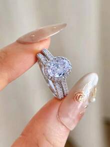 Bộ 1 nhẫn bạc 925 cao cấp hình bầu dục hai lớp, phù hợp cho nữ đeo hàng ngày hoặc làm phụ kiện dự tiệc, nhẫn nữ chất lượng cao, món quà trang sức tinh tế. - Bạc - Xem 6