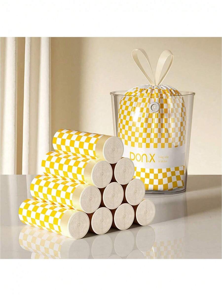 1 Roll Of 15pcs Yellow Plaid Trash Bags, Thick Leak-Proof Large Size Garbage Bags For Kitchen, Bathroom, Living Room, Portable With Drawstring