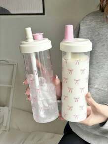1pc Pink Bow Water Bottle, Minimalist School Water Bottle, Large Capacity Straw Plastic Cup Student Cup, Water Bottle, Cup, Possible, Water, Airport, Cup, School Airport, School Airport