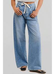 PLNOTME Womens Baggy Wide Leg Jeans Boyfriend Drawstring High Waisted Mom Pants With Pockets