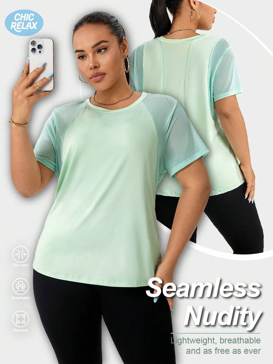 Plus Size Sporty Casual Yoga Patchwork Short Sleeve T-Shirt Summer Sports