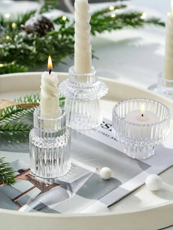 6 حاملات شمع من الزجاج الشفاف، مجموعة حاملات الشموع، حاملات شمع طويلة مزخرفة من الزجاج الشفاف، حاملات شموع الشاي القابلة للعكس والشموع الطويلة، حاملات شموع الشاي البلورية الفاخرة لحفلات الزفاف والعشاء