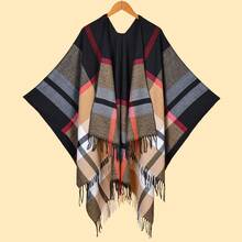 New Tassel Split Shawl Autumn Winter Women's Simple Plaid Jacquard Scarf Cape - 古典條紋格子黑紅 - 查看 2