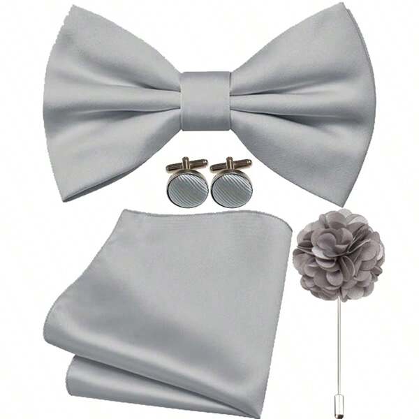 4PCS Solid Color Bow Tie And Pocket Square With Lapel Pin Cufflinks Set For All Types Of Occasions, Professional Events, Business Meetings (Bow Tie+ Pocket Square+Cufflinks+ Lapel Pin)