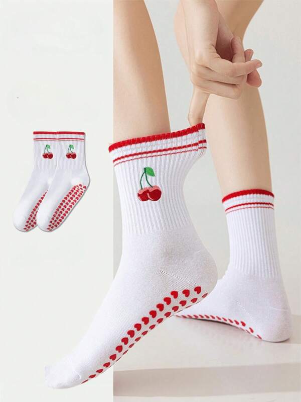 2/4 Pairs Pilates Grip Socks For Women, Cute Cherry Design Yoga Grippy Non-Slip Athletic Crew Sticky Socks, Workout, Hospital, Summer,Back-To-School Season, Sports Socks