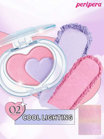Peripera K-Beauty HEART POCKETBEAM 高光粉，双色粉状高光调色板，可混合闪光，钻石闪光，光泽效果，天鹅绒般柔滑，持久，防晕染，多用途，适用于面部、脸颊、眼睛、身体，双色高光调色板