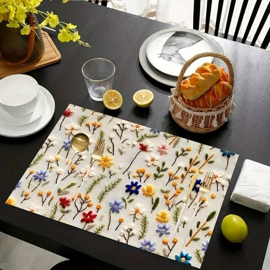 2 buc/4 buc șervețele de masă din in cu flori sălbatice - design floral vibrant pe alb, se spală manual, șervețele de masă dreptunghiulare pentru nunți, petreceri, decor de zi cu zi pentru mese