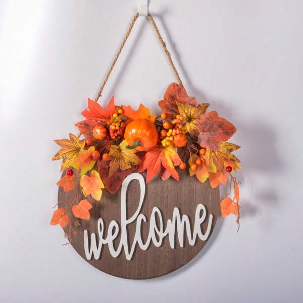 1pc Welcome Sign Thanksgiving Autumn Decor, Round Wooden Hanging Sign With Artificial Pumpkin & Maple Leaves, Suitable For Farmhouse Porch Decoration