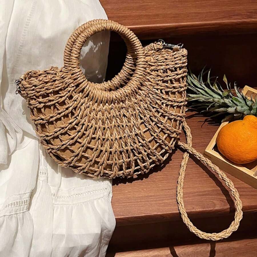 Oaoleer 1PC Straw Clutch Purses For Women Woven Straw Beach Sea Handbag Tote Bags For Summer - 卡其色 - 查看 1