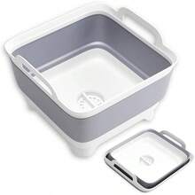 Collapsible Dish Basin, 9L/2.4Gal Foldable Sink Tub With Drain Plug, Portable Washing Bin For Kitchen/RV/Camping, Dish Drying Rack(FoodGrade PP, ) , SpaceSaving Storage, Gray - 9公升 - 查看 1