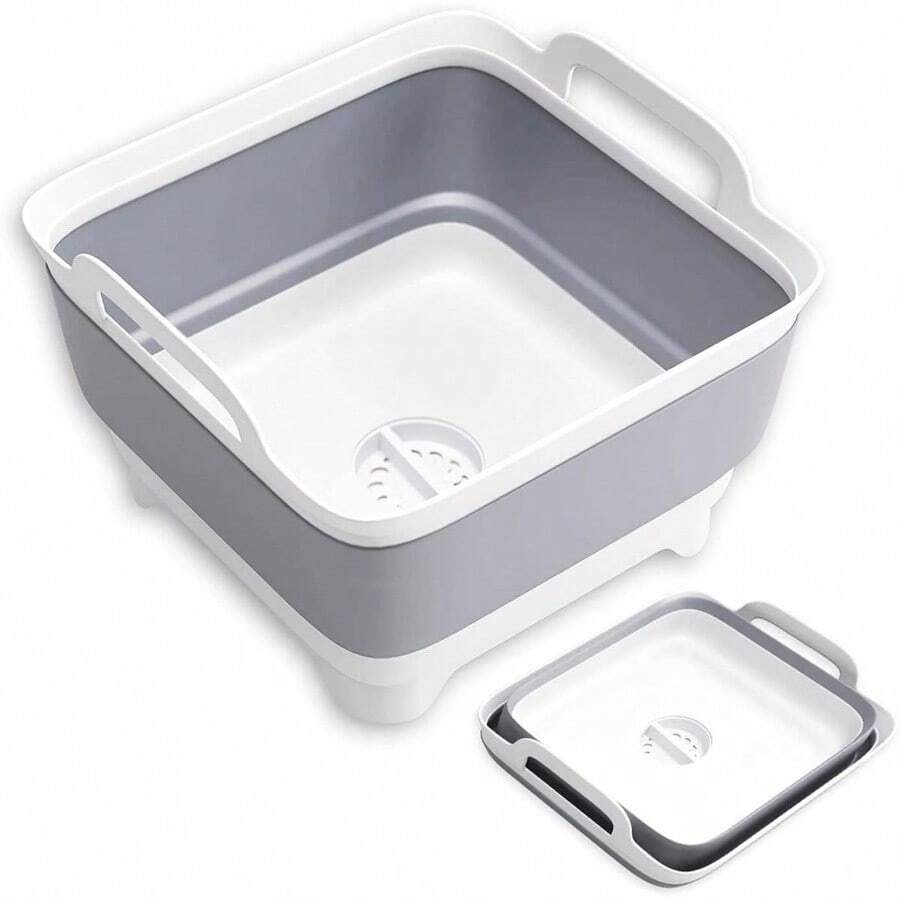 Collapsible Dish Basin, 9L/2.4Gal Foldable Sink Tub With Drain Plug, Portable Washing Bin For Kitchen/RV/Camping, Dish Drying Rack(FoodGrade PP, ) , SpaceSaving Storage, Gray - 9公升 - 查看 1