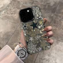 黑色星形图案时尚手机壳 1 件装 IMD 彩色银色外壳 全屏豹纹五角星 兼容 16 Pro Max、15/14 Plus/13/12/11 保护套 防水防震防摔防刮花 礼品 - 彩色 - 查看 3